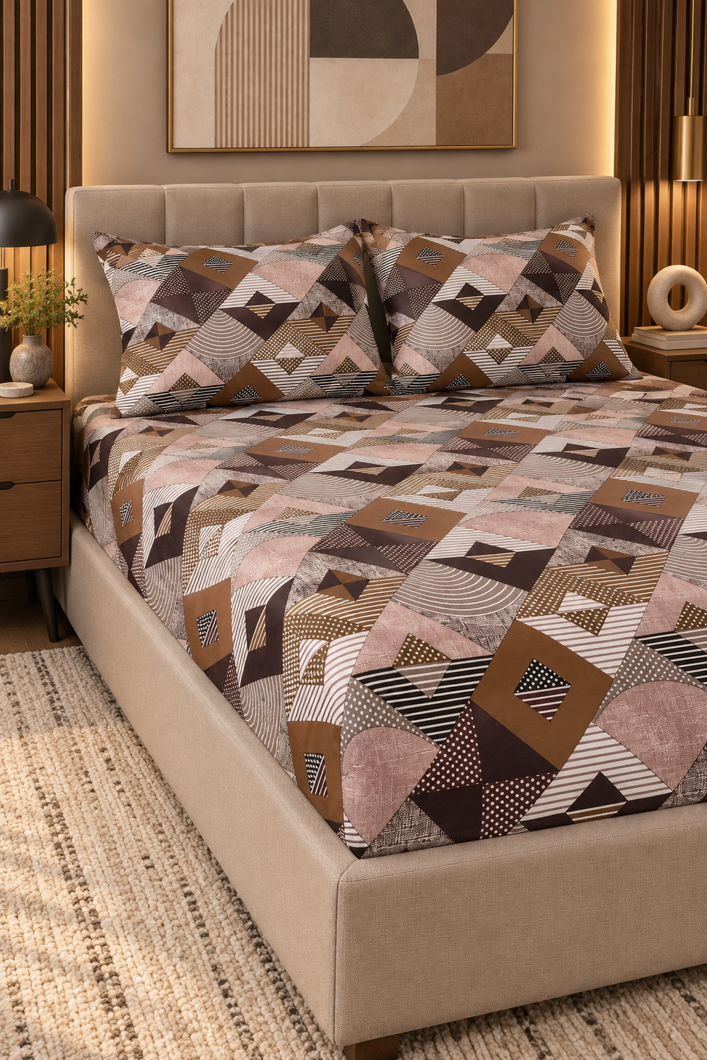 My Home Mocha Mosaic Printed Cotton Fitted Bed Sheet Set