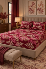 My Home Burgundy Oak Printed Cotton Fitted Bed Sheet Set