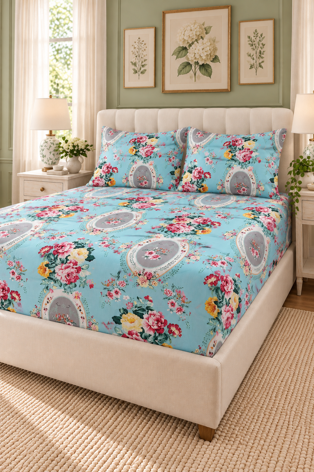 My Home Aqua Cameo Printed Cotton Fitted Bed Sheet Set