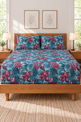 My Home Teal Blossom Printed Cotton Fitted Bed Sheet Set