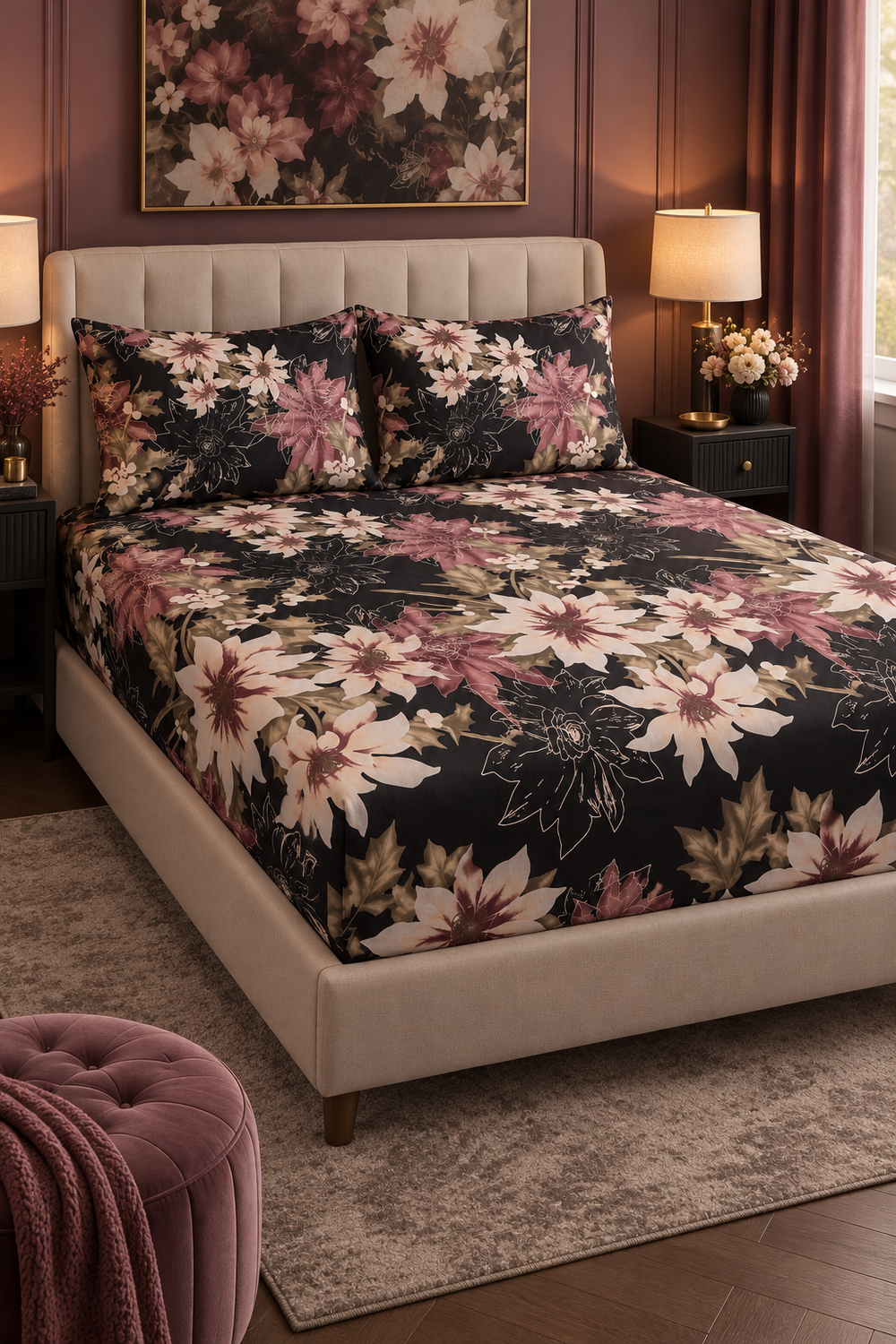 My Home Noir Magnolia Printed Cotton Fitted Bed Sheet Set