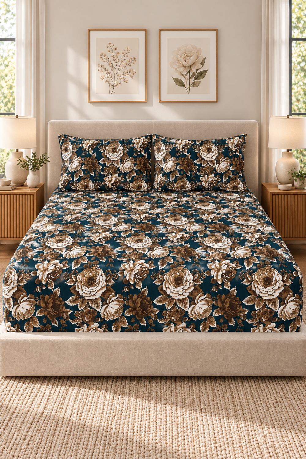 My Home Midnight Rose Printed Cotton Fitted Bed Sheet Set