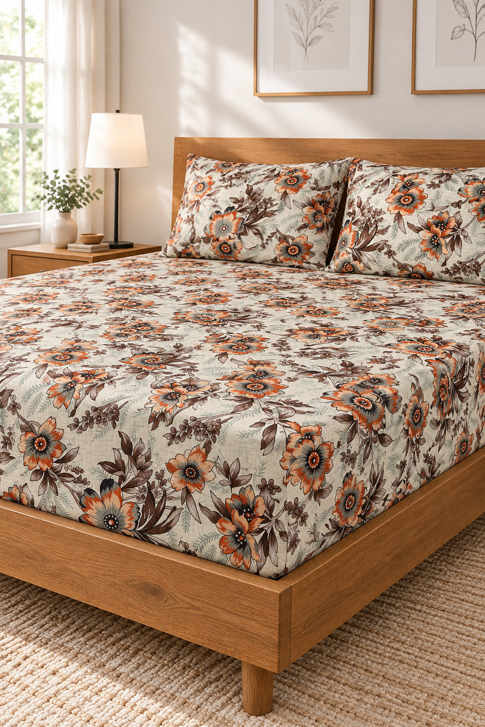 My Home Amber Meadow Printed Cotton Fitted Bed Sheet Set