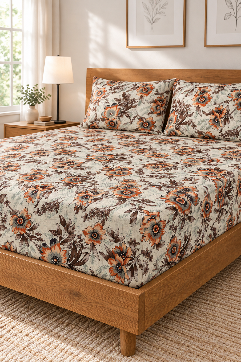 My Home Amber Meadow Printed Cotton Fitted Bed Sheet Set