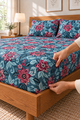 My Home Teal Blossom Printed Cotton Fitted Bed Sheet Set