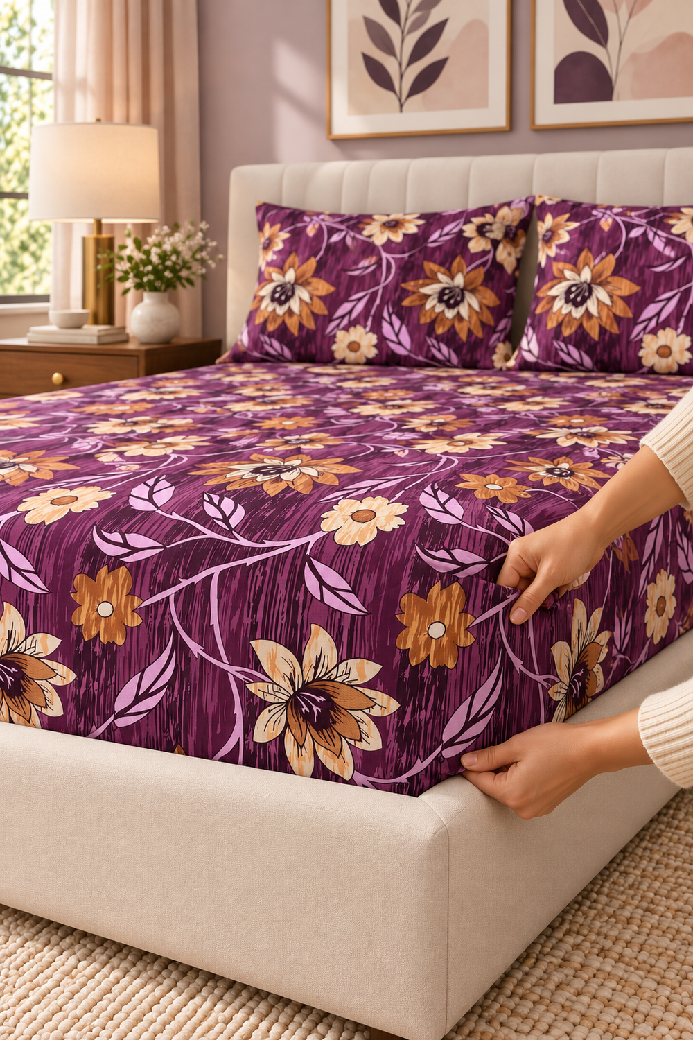 My Home Violet Garden Printed Cotton Fitted Bed Sheet Set
