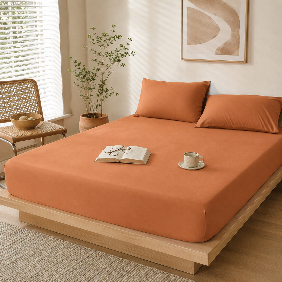 RUST FITTED SHEET SET WITH PILLOW CASE- (PREMIUM)