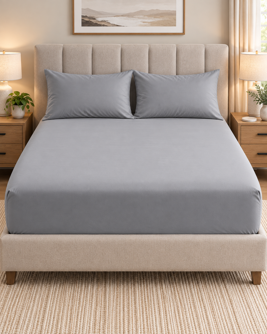 LIGHT GREY FITTED SHEET SET WITH PILLOW CASE- (PREMIUM)