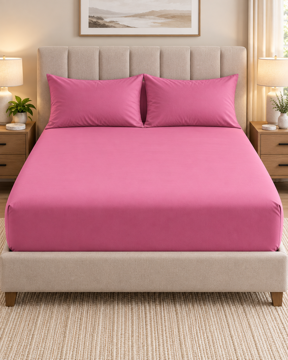 PINK FITTED SHEET SET WITH PILLOW CASE- (PREMIUM)
