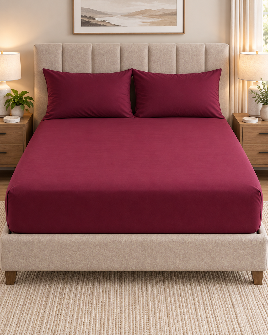 BURGUNDY FITTED SHEET SET WITH PILLOW CASE- (PREMIUM)