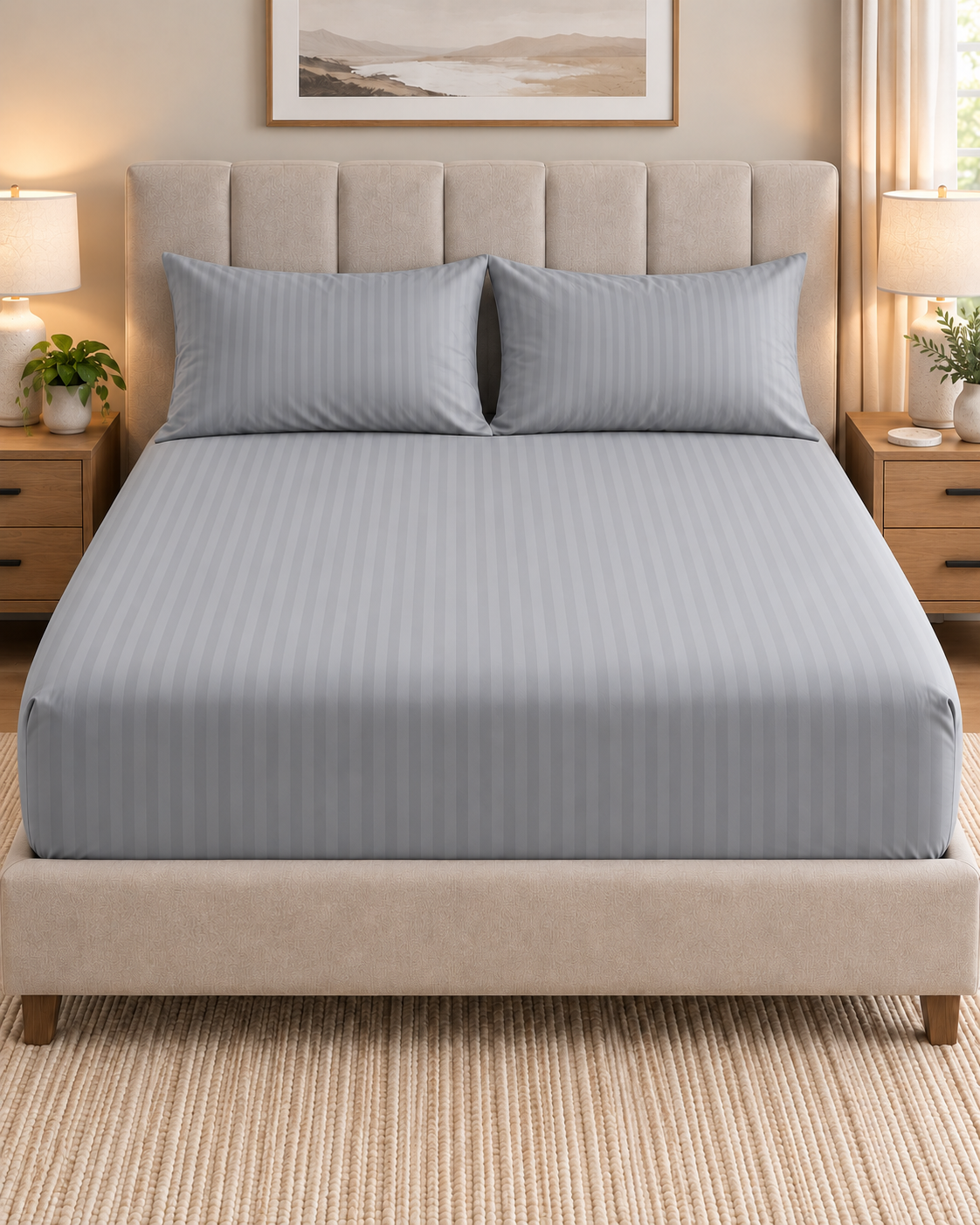 LIGHT GREY SATIN STRIPE FITTED SHEET SHEET SET- PREMIUM