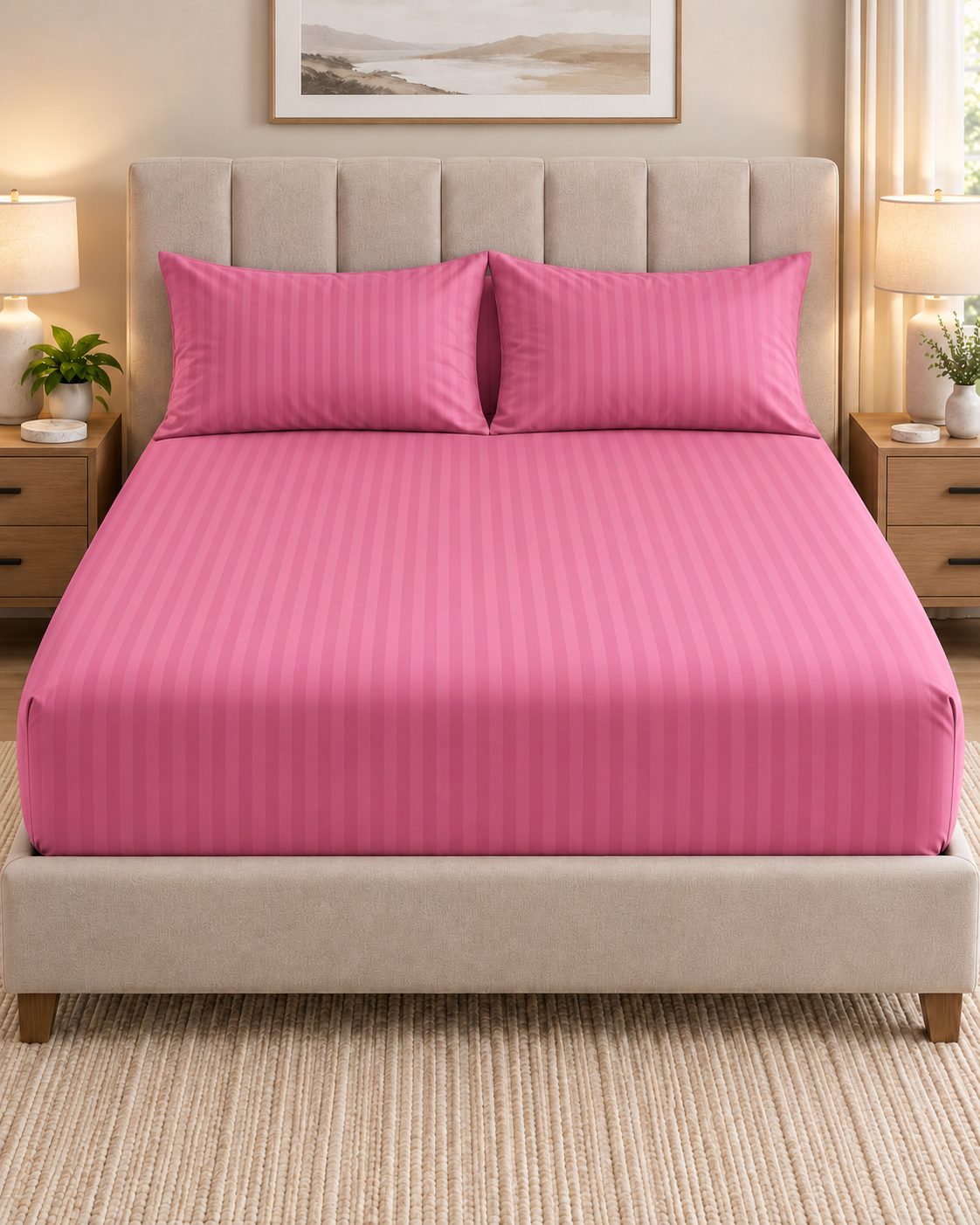 PINK SATIN STRIPE FITTED SHEET SHEET SET- PREMIUM