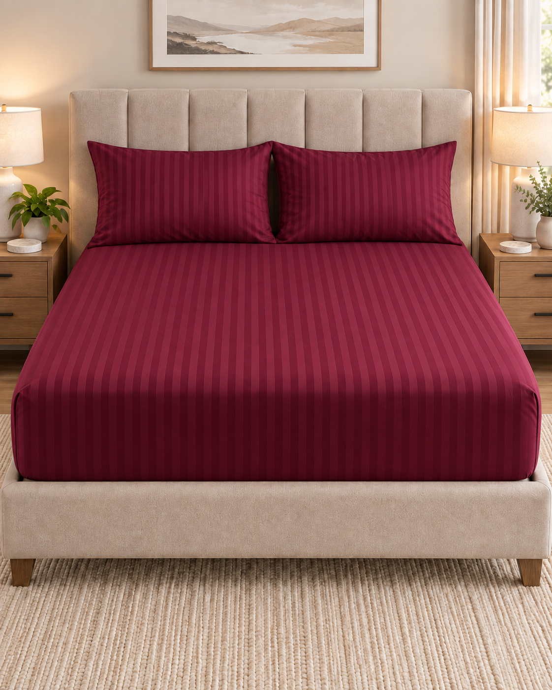 BURGUNDY SATIN STRIPE FITTED SHEET SHEET SET- PREMIUM