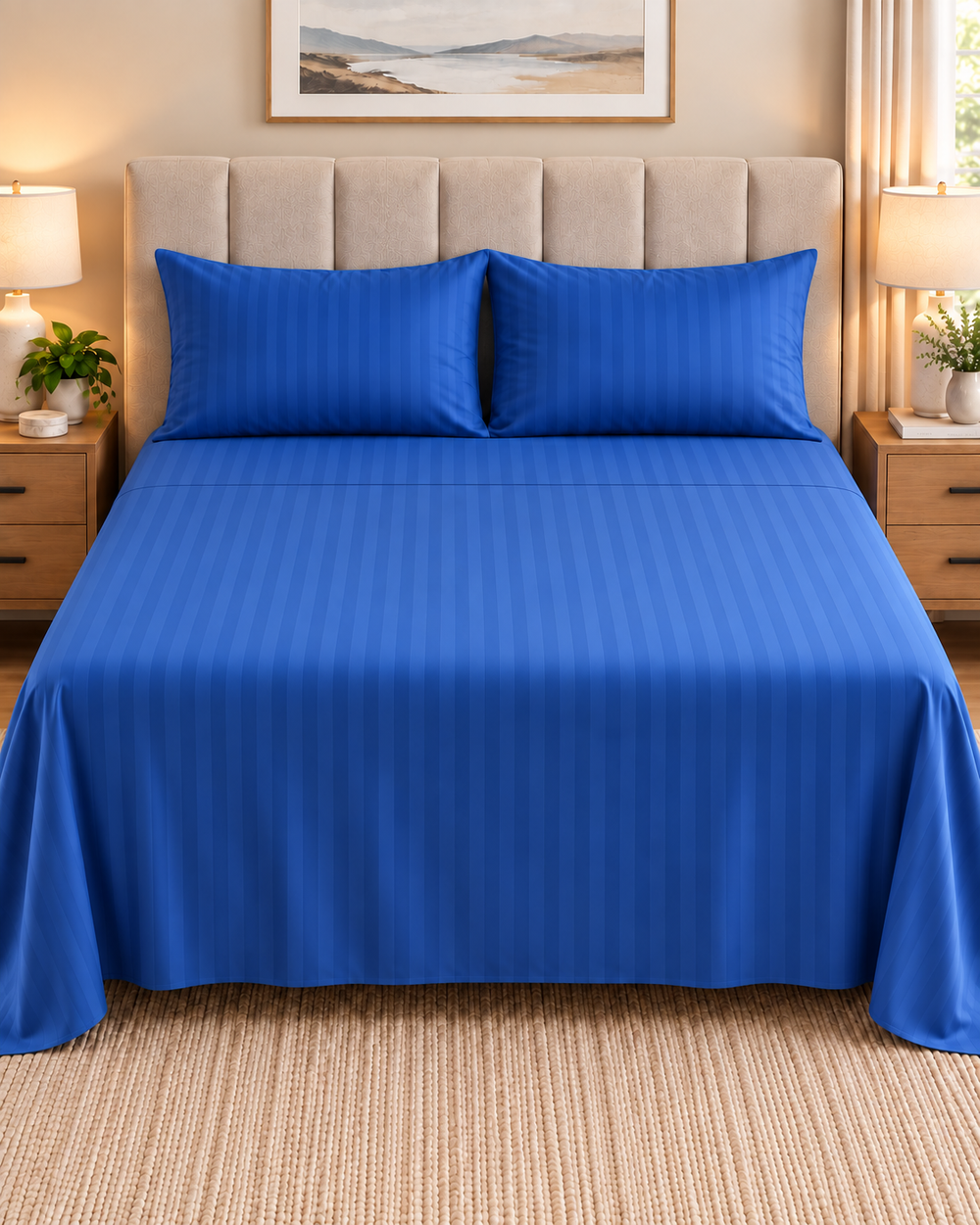 Royal Blue 3PCS Satin Stripe Bedsheet Set with Pillow case- Premium