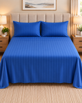 Royal Blue 3PCS Satin Stripe Bedsheet Set with Pillow case- Premium