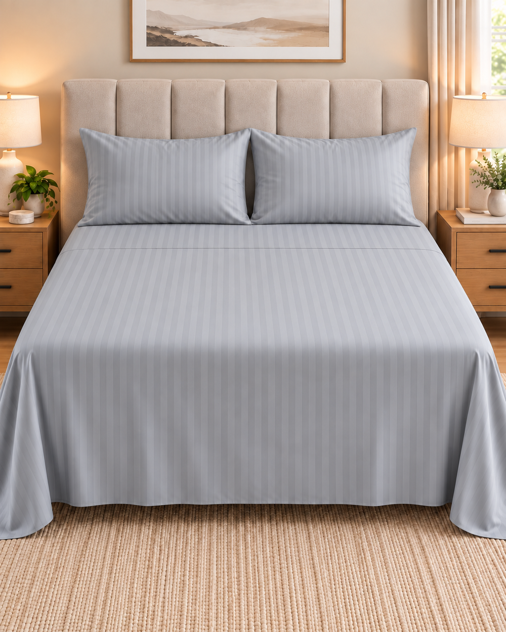 Light Grey 3PCS Satin Stripe Bedsheet Set with Pillow case- Premium