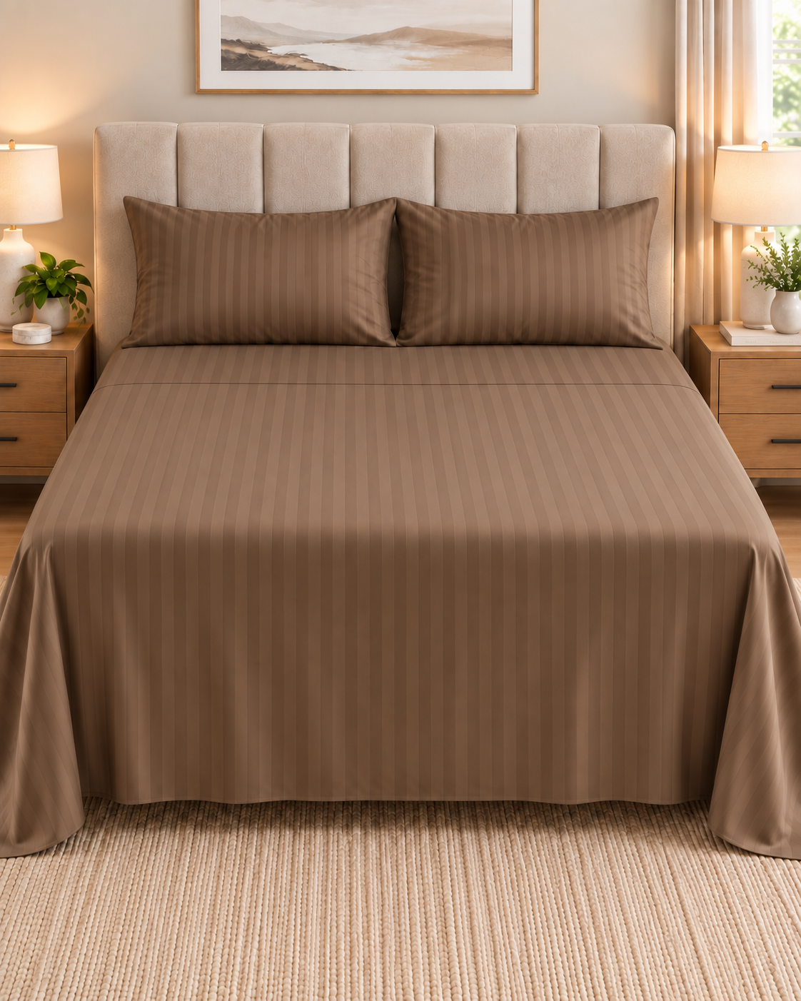 Mocha 3PCS Satin Stripe Bedsheet Set with Pillow case- Premium