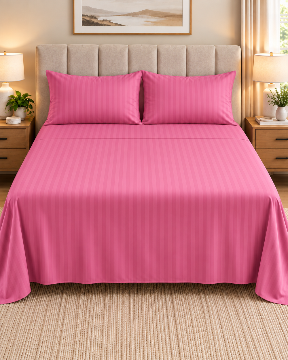 Pink 3PCS Satin Stripe Bedsheet Set with Pillow case- Premium