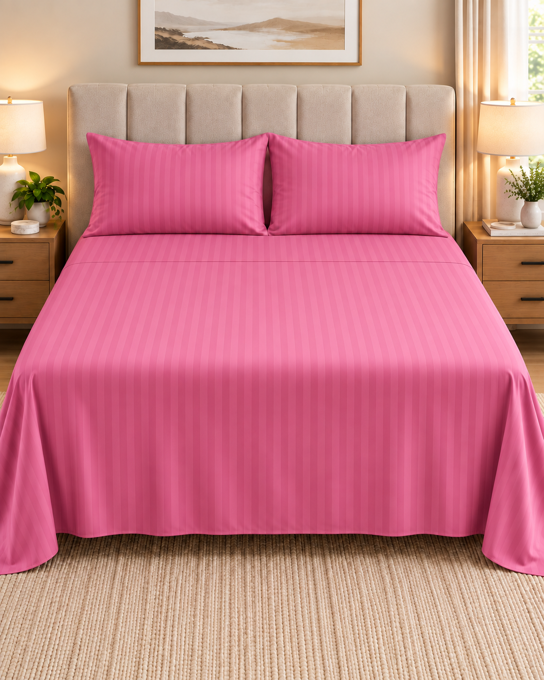 Pink 3PCS Satin Stripe Bedsheet Set with Pillow case- Premium