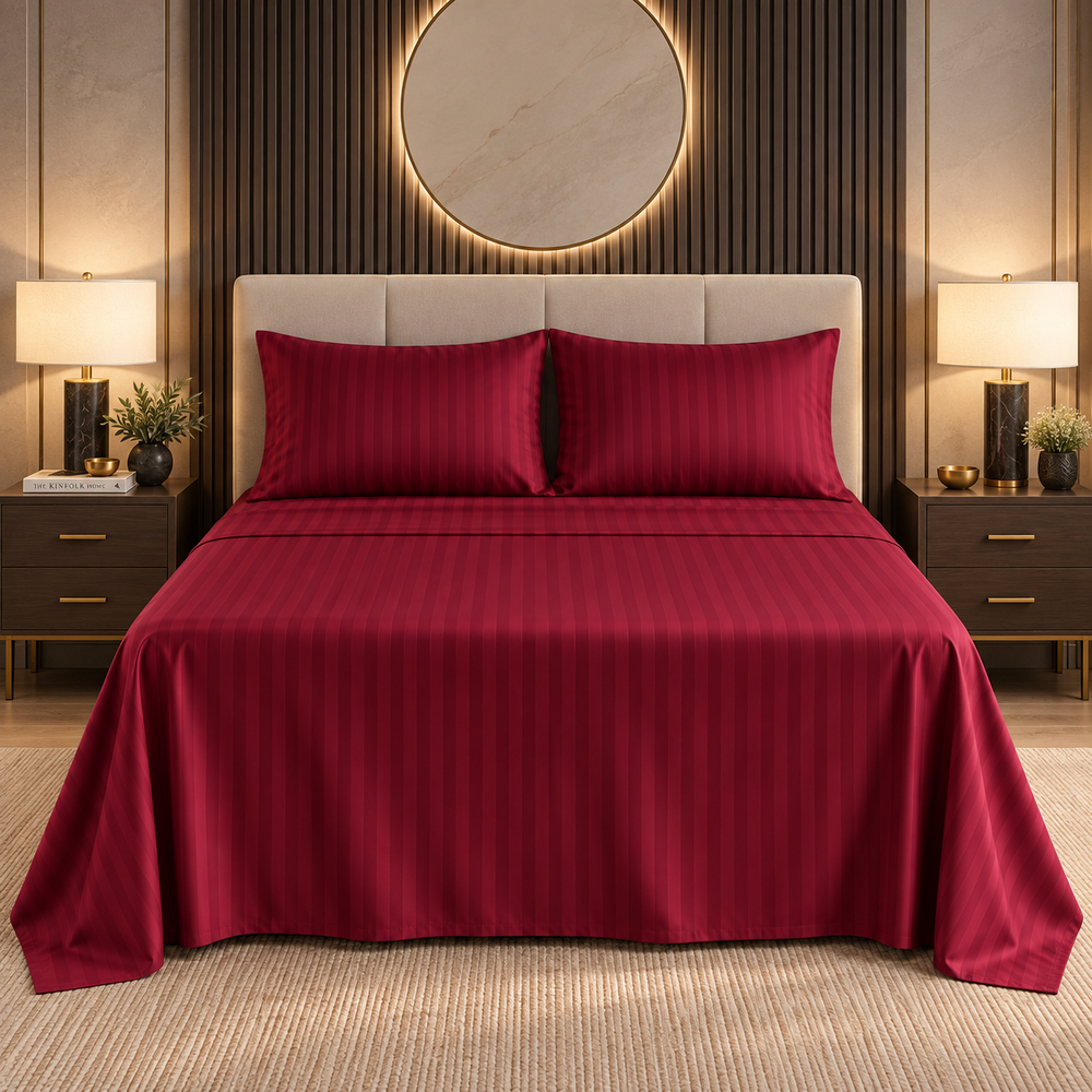 Burgundy 3PCS Satin Stripe Bedsheet Set with Pillow case- Premium