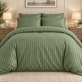 Olive 6 PCS Premium Satin Stripe Duvet Cover Set – King Size | 1 Duvet Cover, 1 Fitted Sheet & 4 Pillow Cases