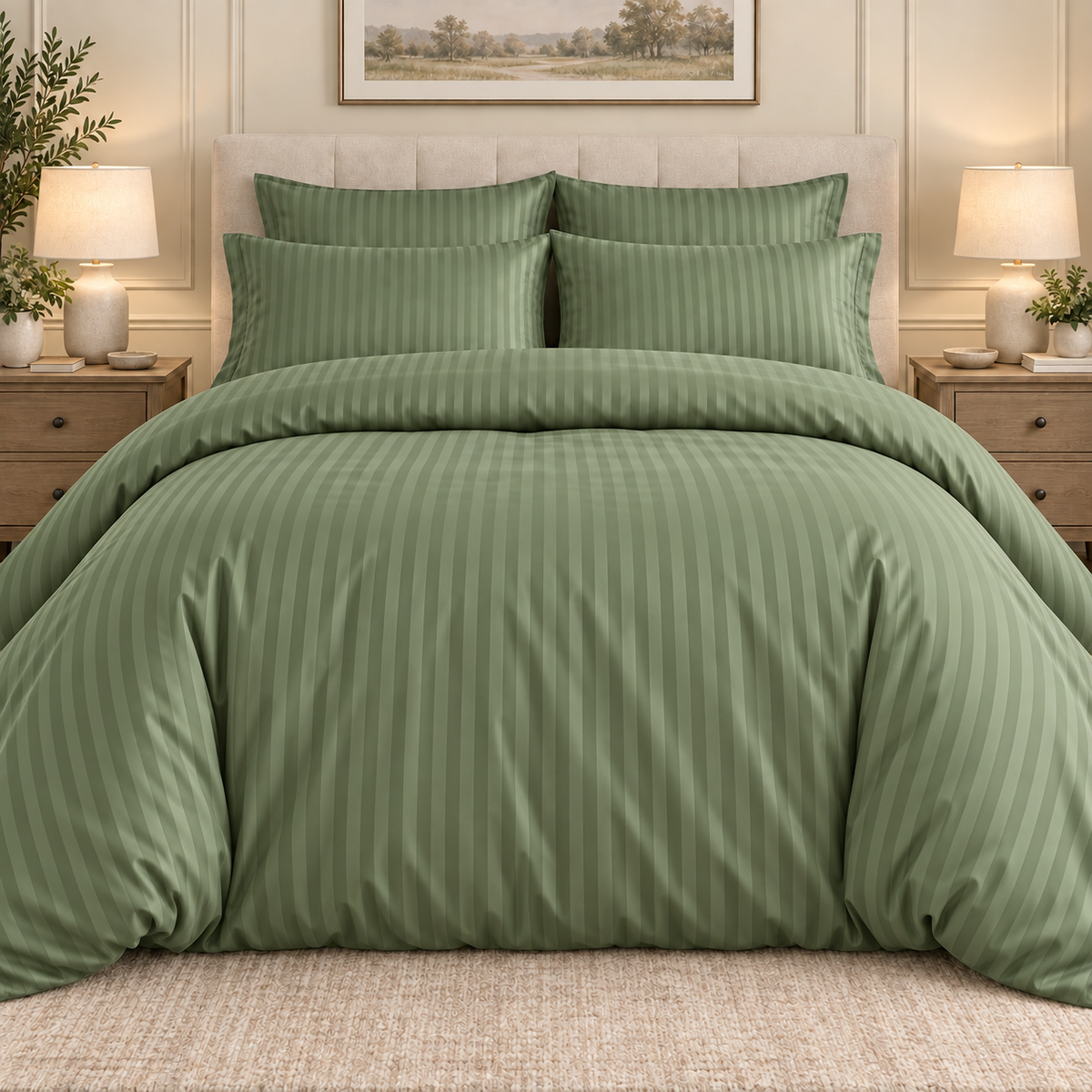 Olive 6 PCS Premium Satin Stripe Duvet Cover Set – King Size | 1 Duvet Cover, 1 Fitted Sheet & 4 Pillow Cases