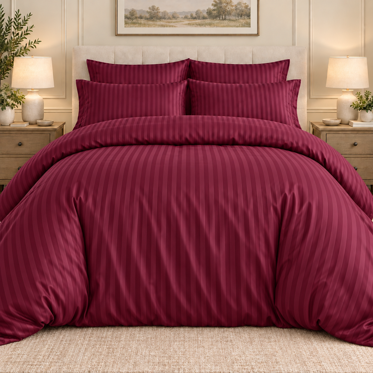 Burgundy 6 PCS Premium Satin Stripe Duvet Cover Set