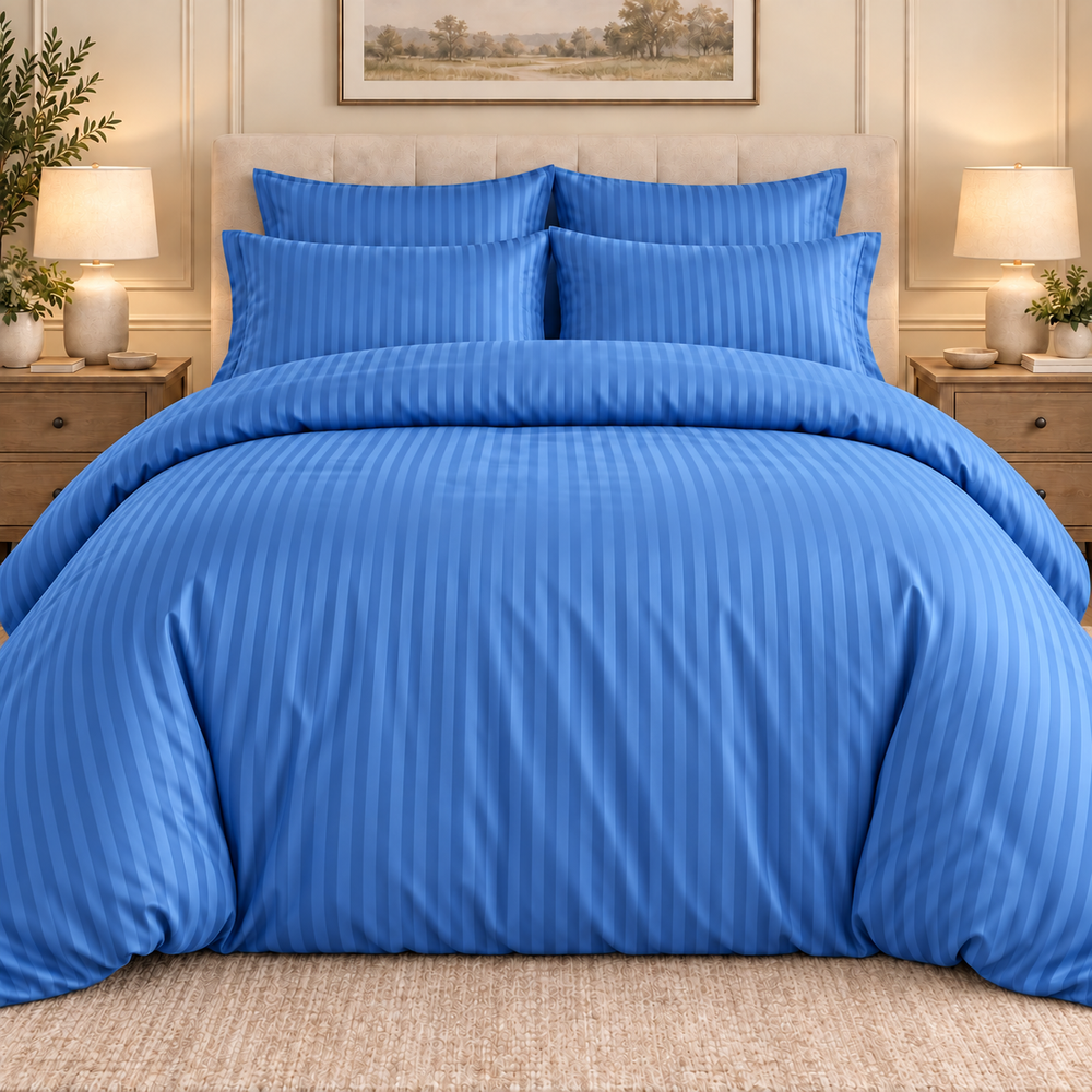Blue 6 PCS Premium Satin Stripe Duvet Cover Set