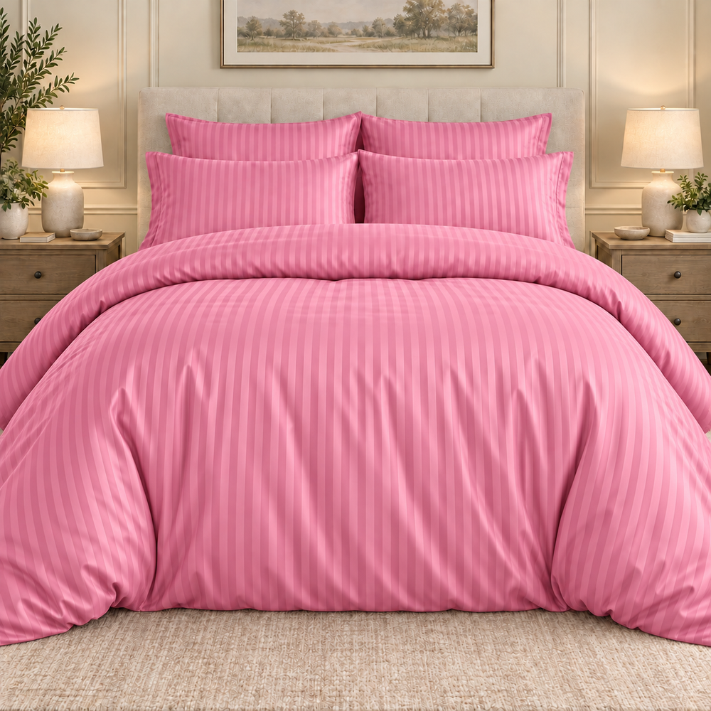Pink 6 PCS Premium Satin Stripe Duvet Cover Set