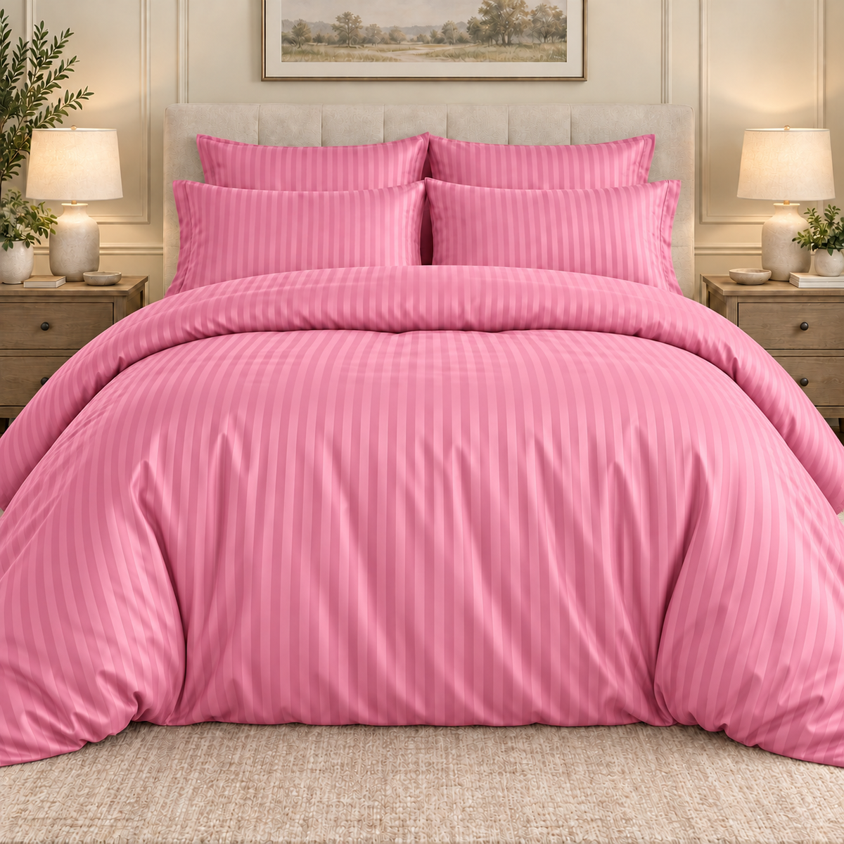 Pink 6 PCS Premium Satin Stripe Duvet Cover Set