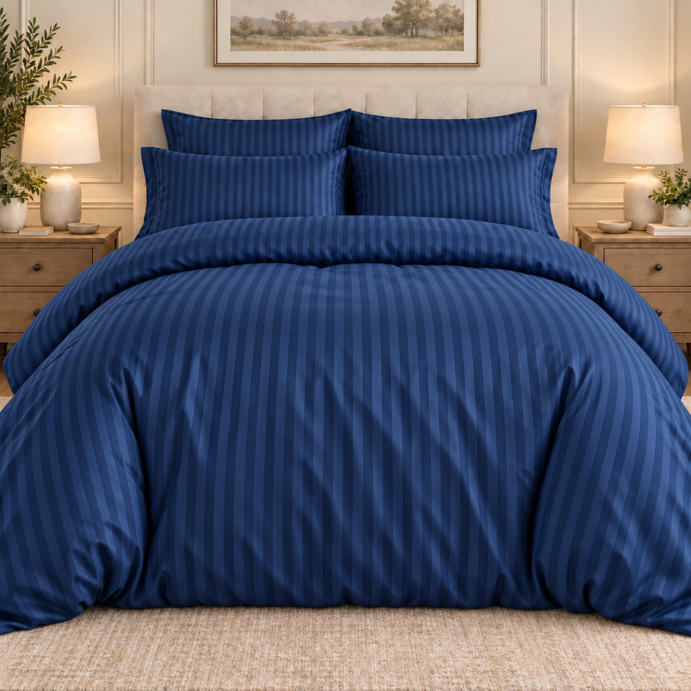 Navy Blue 6 PCS Premium Satin Stripe Duvet Cover Set