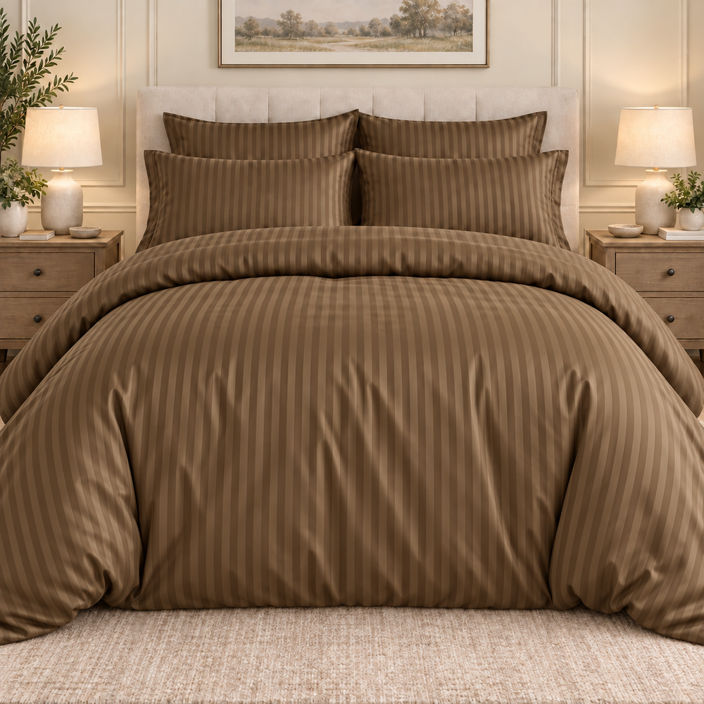 Brown 6 PCS Premium Satin Stripe Duvet Cover Set