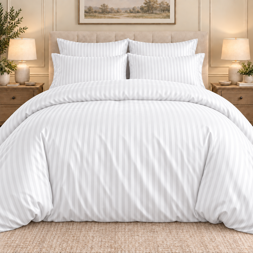 White 6 PCS Premium Satin Stripe Duvet Cover Set