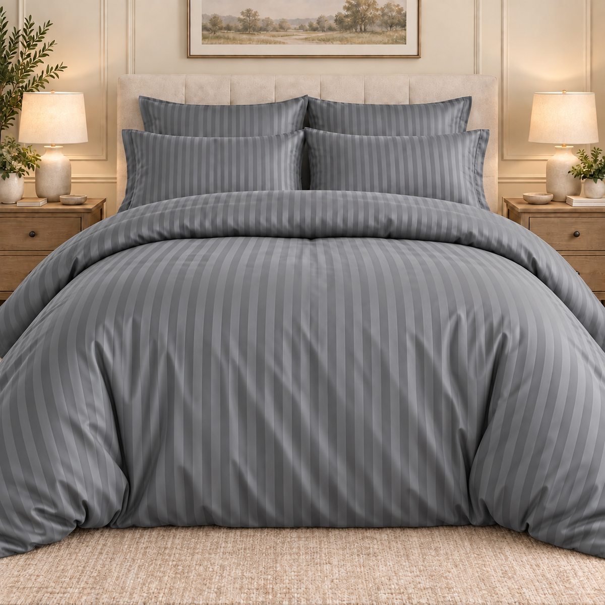 Charcoal 6 PCS Premium Satin Stripe Duvet Cover Set