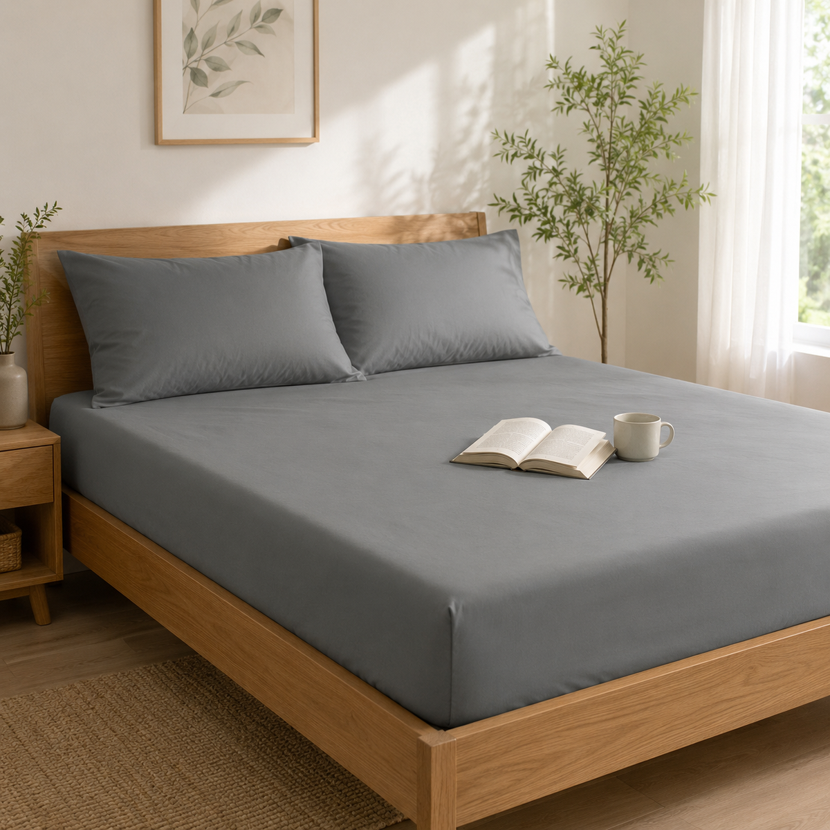GREY FITTED SHEET SET WITH PILLOW CASE- (PREMIUM)