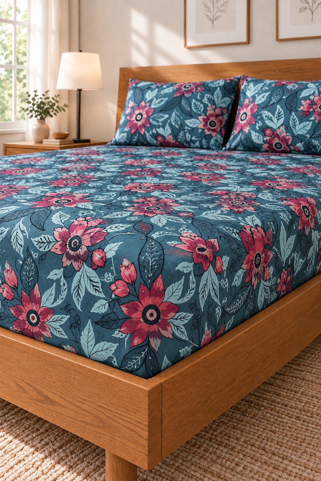 My Home Teal Blossom Printed Cotton Fitted Bed Sheet Set