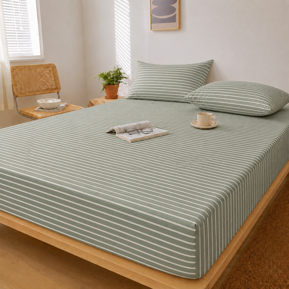 My Home Stripes Printed Cotton Fitted Bed Sheet Set