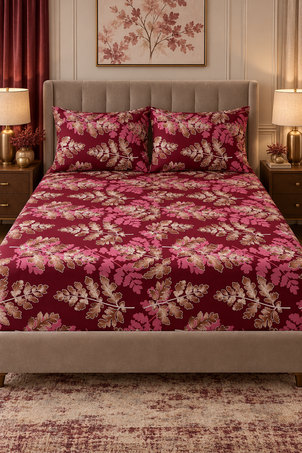 My Home Burgundy Oak Printed Cotton Fitted Bed Sheet Set