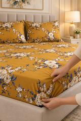 My Home Saffron Rose Printed Cotton Fitted Bed Sheet Set