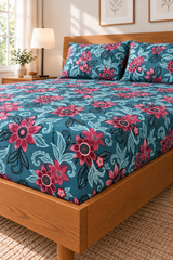 My Home Teal Blossom Printed Cotton Fitted Bed Sheet Set