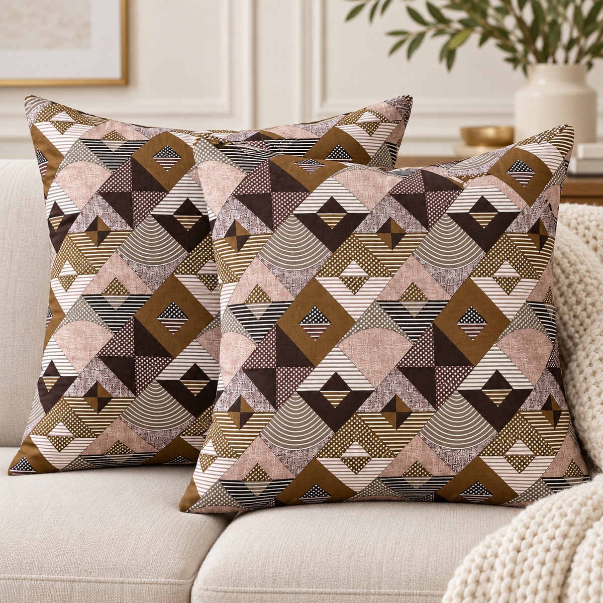 My Home Mocha Mosaic 2 PCS Cushion Covers – 16 x 16 in (Pack of 2)
